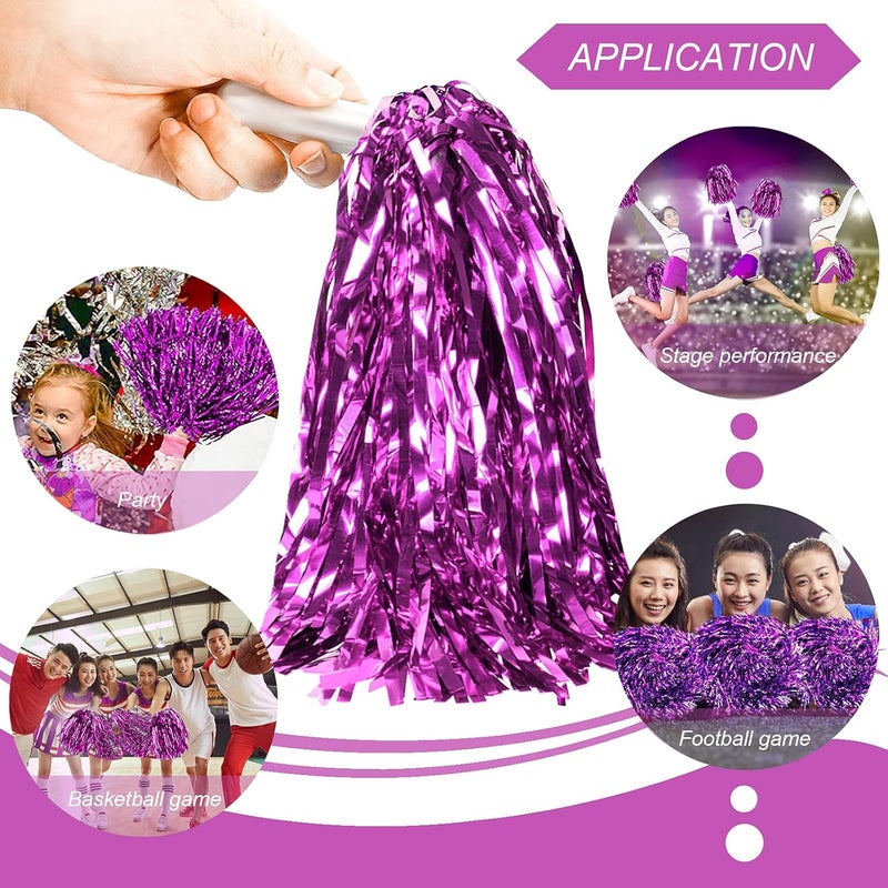 DILIBRA 24 Pcs Metallic Cheerleading Pom Poms for Kids, Cheerleaders Cheer Pom Poms with Baton Handle, Cheering Squad Hand Flower for Adults Team Spirit Sports Game Dancing Party - Image 4